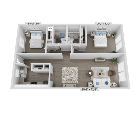 Floor plan for 2 beds, 2 baths, 1302 sqft
